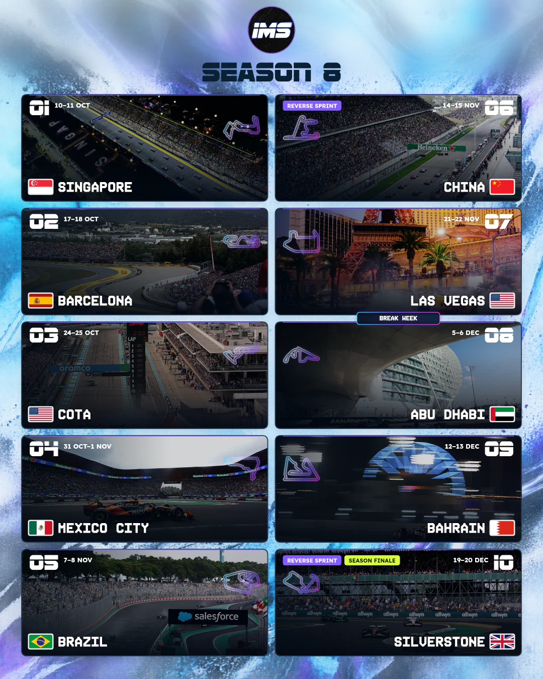 IMS Season 8 ten-round calendar with circuit flags, dates, reverse sprints in China and Silverstone, and the break week.