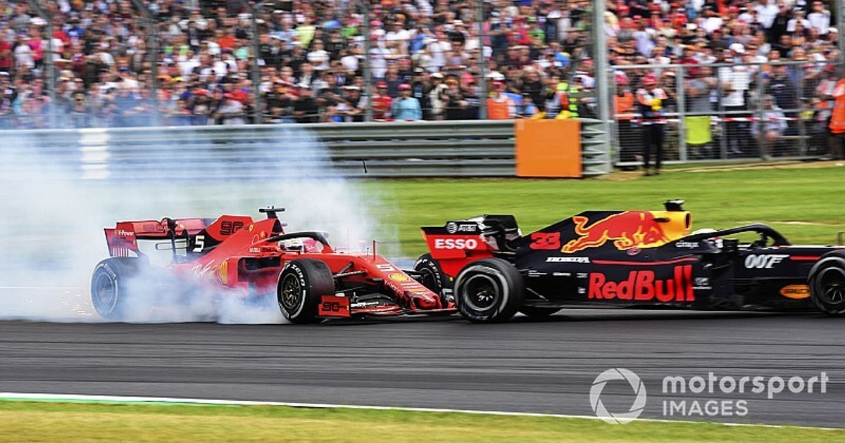 Sebastian Vettel’s Ferrari collides with the rear of Max Verstappen’s Red Bull at the 2019 British Grand Prix, Silverstone. Archive illustration.