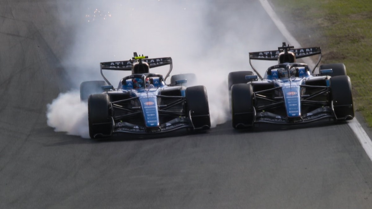 Carlos Sainz locks up alongside Williams team-mate Alex Albon at Turn 1 during the 2026 Dutch Grand Prix.